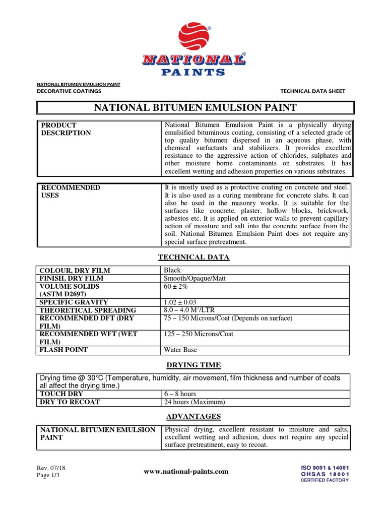 National Bitumen Emulsion Paint Decorative Coatings Technical Data