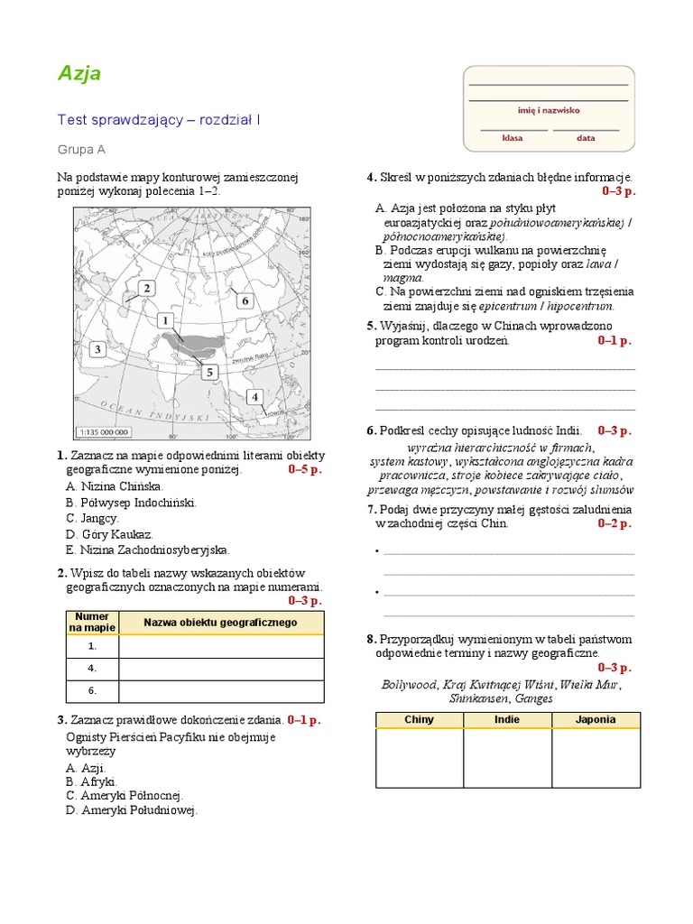 Sprawdzian Z Geografi Klasa 8 Azja