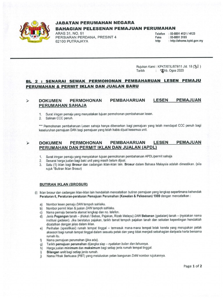 BL2 - Senarai Semak - Permohonan Pembaharuan Apdl (2020) | PDF