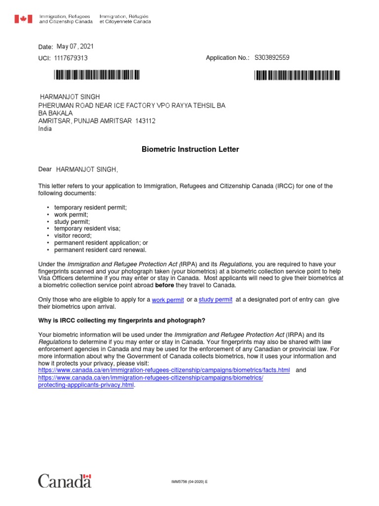 Biometric Instruction Letter | PDF | Human Migration | Immigration