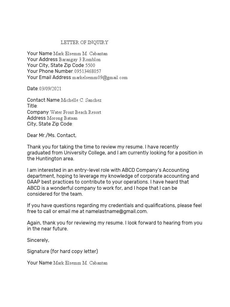 Letter of Inquiry | PDF | Career & Growth