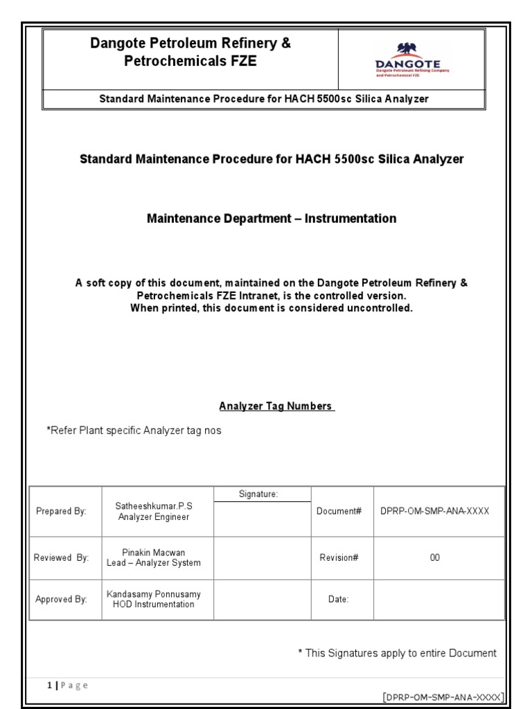 SMP For Silica Hach 5500sc PDF Oil Refinery Calibration