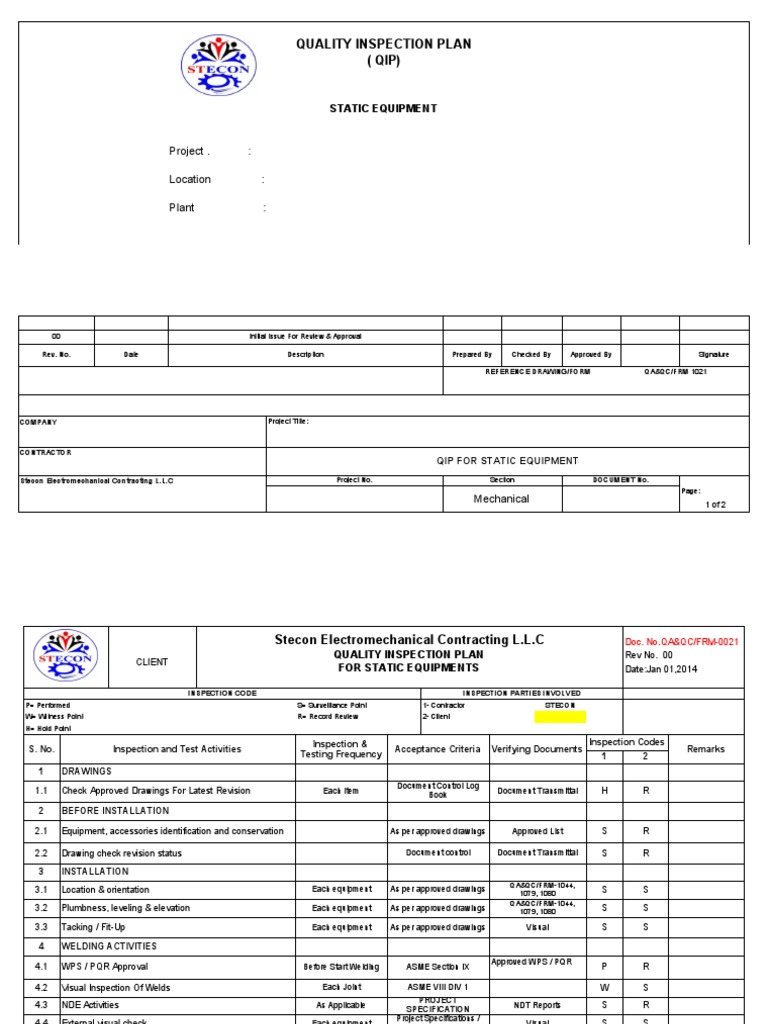 Qa&Qcfrm0021 Quality Inspection Plan Static Equipment1 PDF