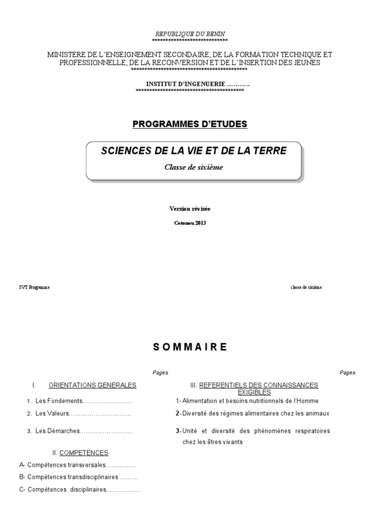 Programme SVT 6ème | PDF | Science | Apprentissage