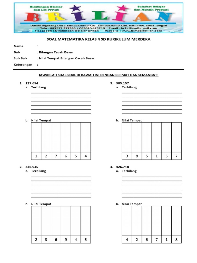 Soal Matematika Kelas 4 SD Bab Nilai Tempat Bilangan | PDF