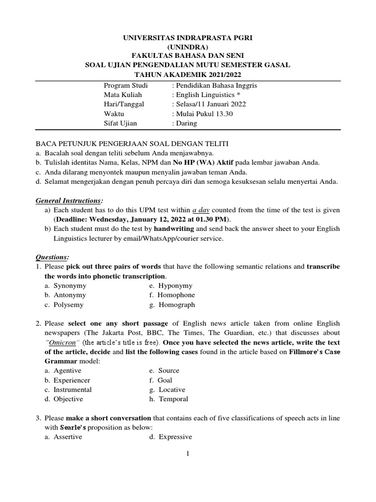 Analysis of an English Linguistics Midterm Exam at Universitas