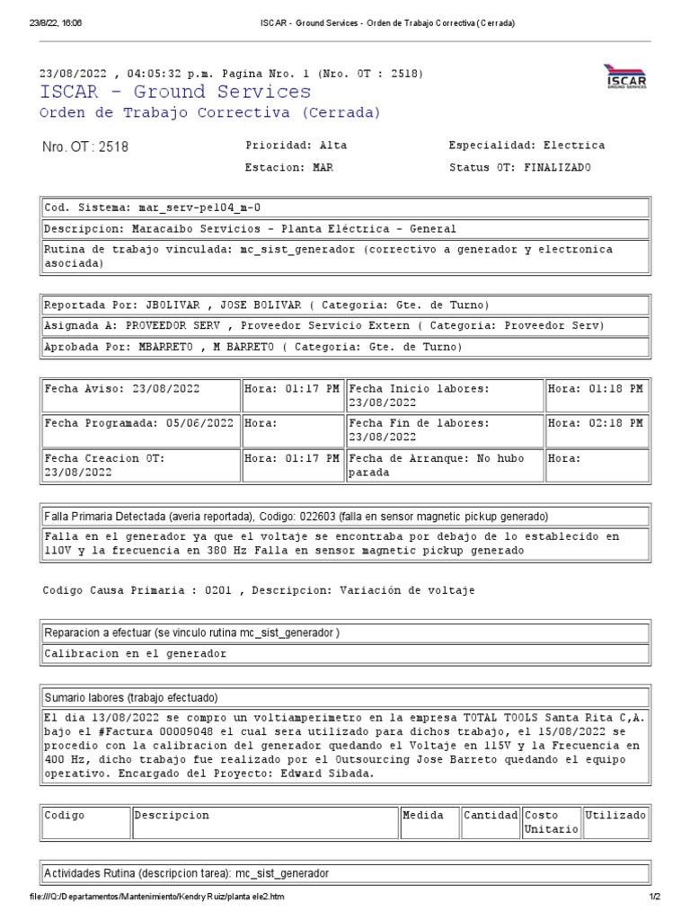 ISCAR Ground Services Orden de Trabajo Correctiva (Cerrada) 18