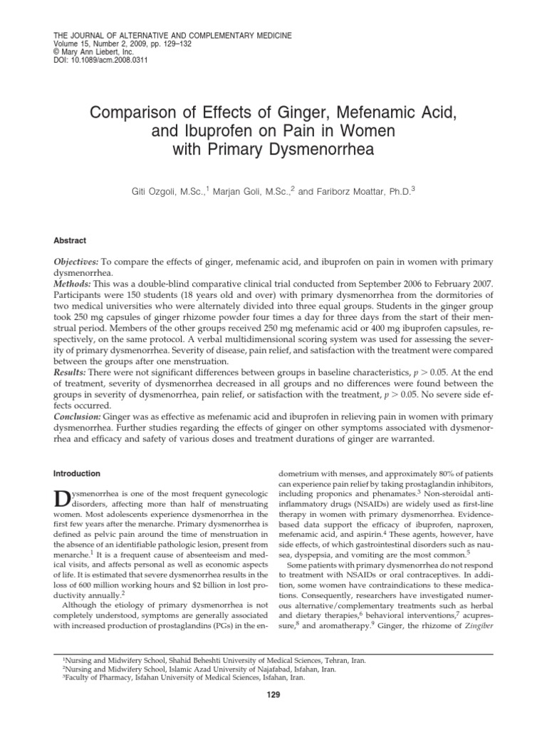Comparison of Effects of Ginger, Mefenamic Acid, and Ibuprofen On Pain