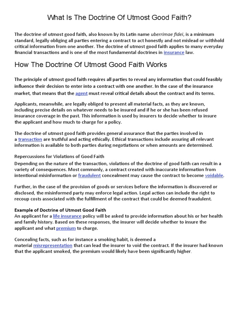 Understanding Utmost Good Faith in Contracts | PDF | Insurance | Legal ...