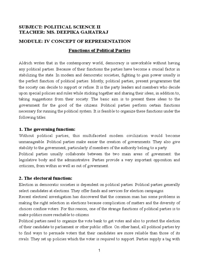 Four Functions Of Political Parties