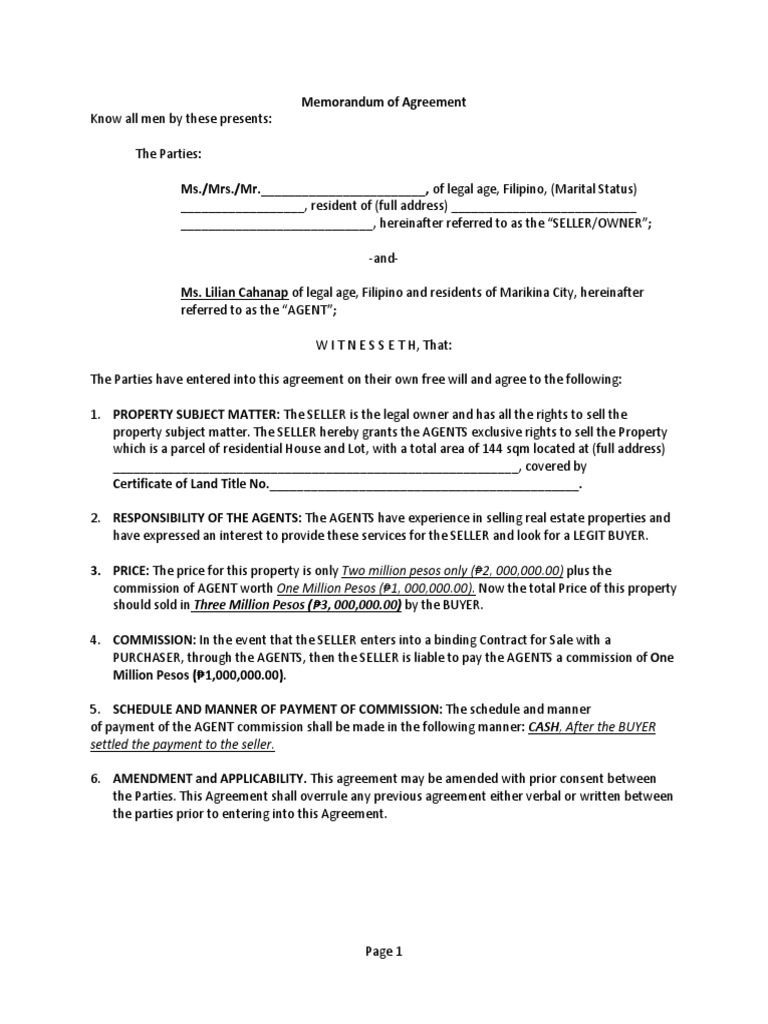 Seller-Agent Commission Agreement | PDF | Sales | Prices
