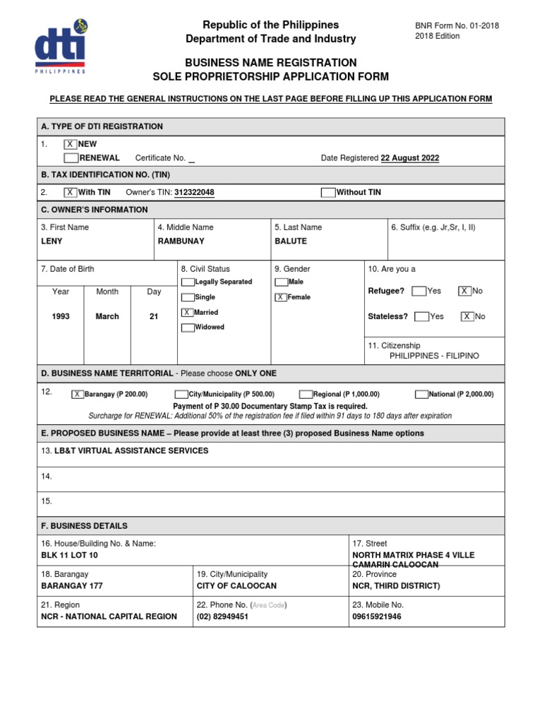 Republic of The Philippines Department of Trade and Industry Business ...