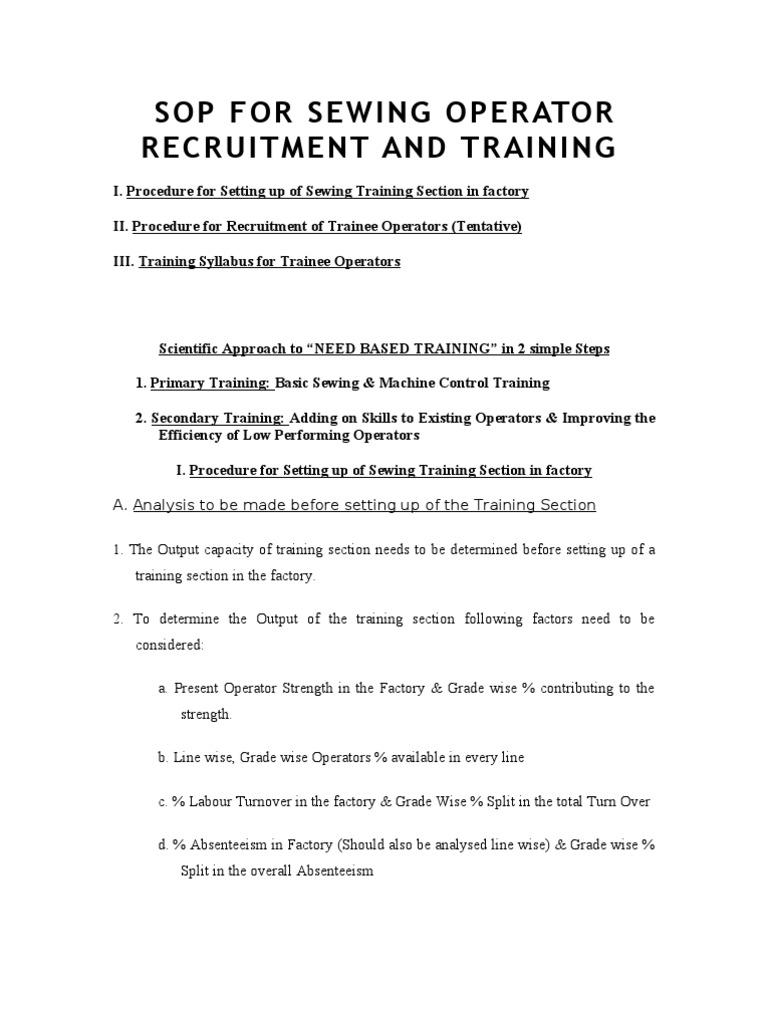 SOP for Sewing Operator Recruitment and Training Sewing Machine