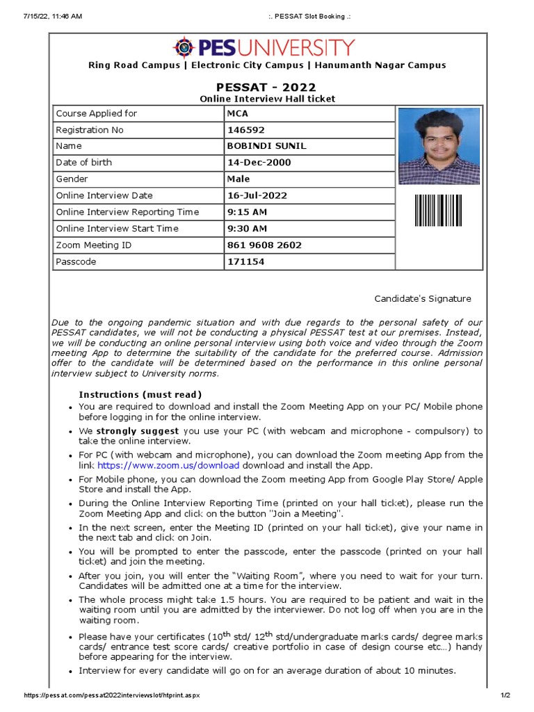 PESSAT Slot Booking PDF Mobile App