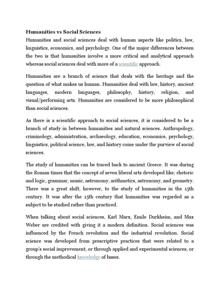 Difference Between Social Science and Humanities PDF Social