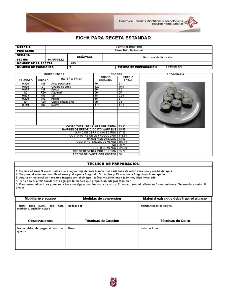 Ficha Técnica de Receta de Sushi | PDF | Sushi | Arroz