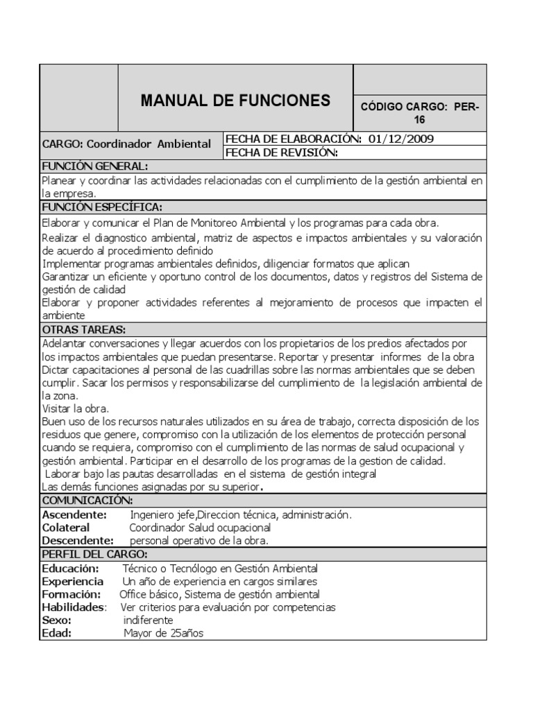 Funciones del Coordinador Ambiental | PDF | Sistema de manejo de ...