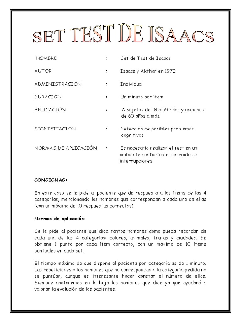 Set de Test de Isaacs: Evaluación Cognitiva | PDF