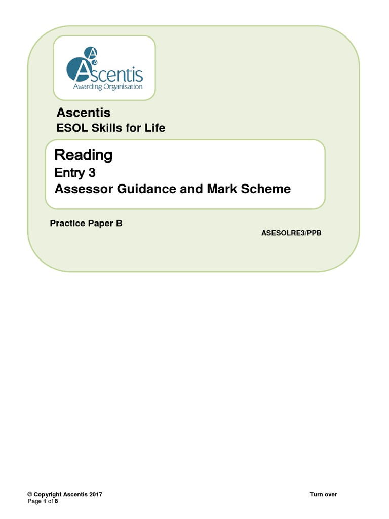 E3 ESOL Reading Assessor Guidance and Markscheme PPB PDF English As