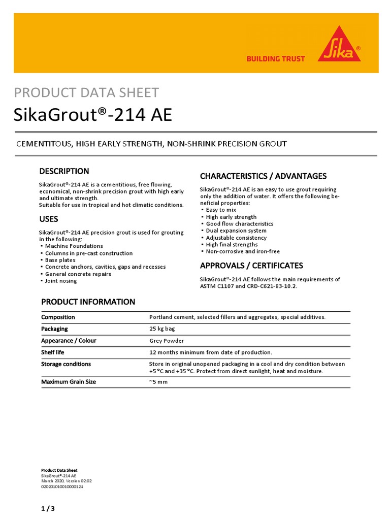 Sikagrout®-214 Ae: Product Data Sheet | PDF | Concrete | Cement