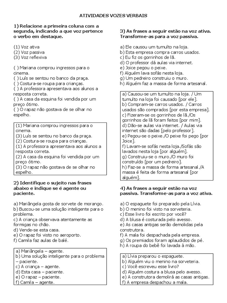 Atividades Vozes Verbais | PDF | Morfologia linguística | Conjugação ...