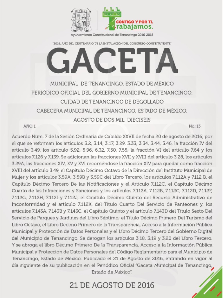 Código Reglamentario Para El Municipio de Tenancingo, Estado de México PDF Gobierno local