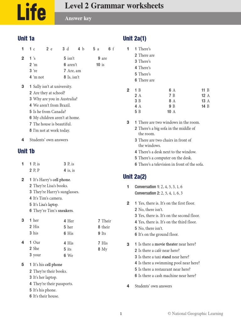 Unit 1a Unit 2a (1) : Answer Key | PDF