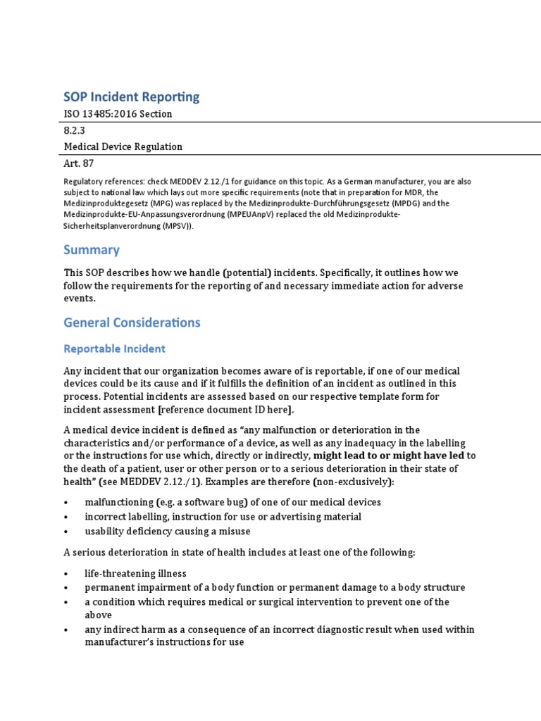 Sop Incident Reporting PDF Medical Device Safety