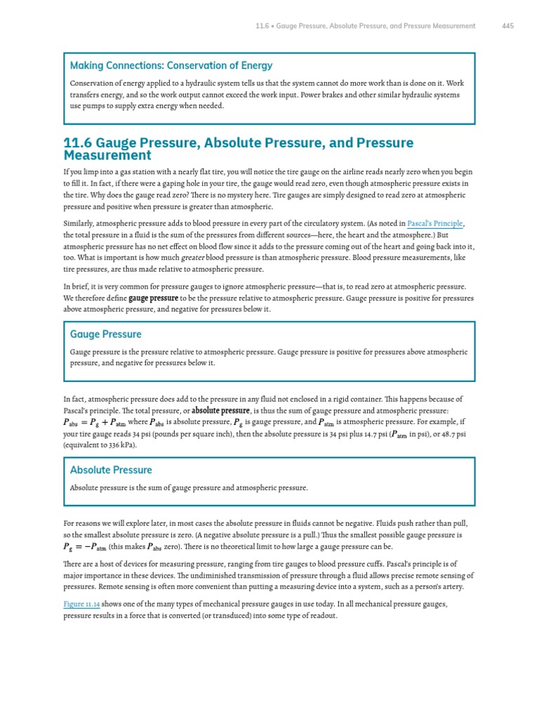 CP 11.6. Gauge Pressure, Absolute Pressure, and Pressure Measurement