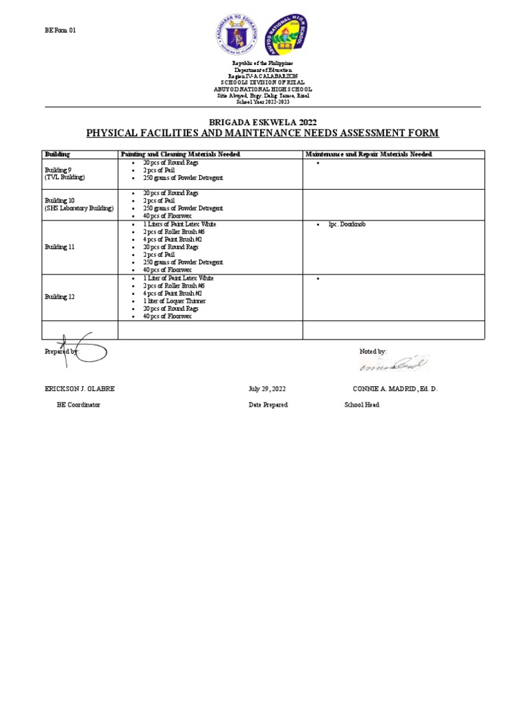 Brigada Eskwela Needs Assessment Form | PDF | Conservation And ...