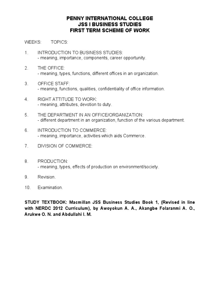 Penny International College Jss I Business Studies First Term Scheme of ...