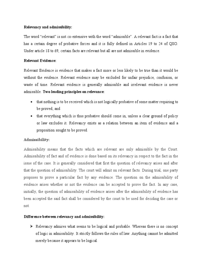 Relevancy vs. Admissibility of Evidence | PDF | Relevance (Law) | Evidence