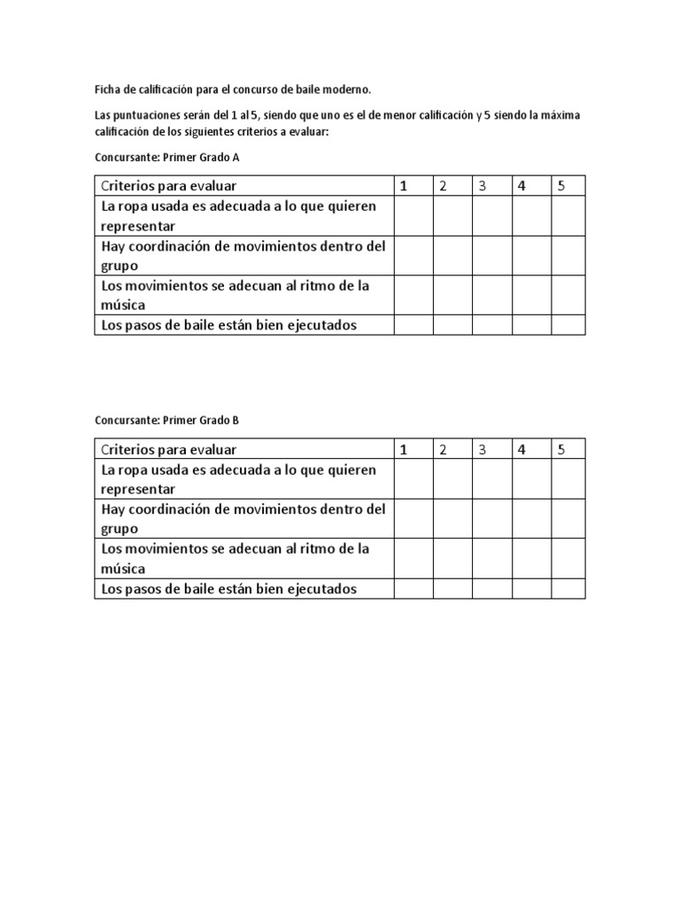 Ficha de Calificación para El Concurso de Baile Moderno | PDF