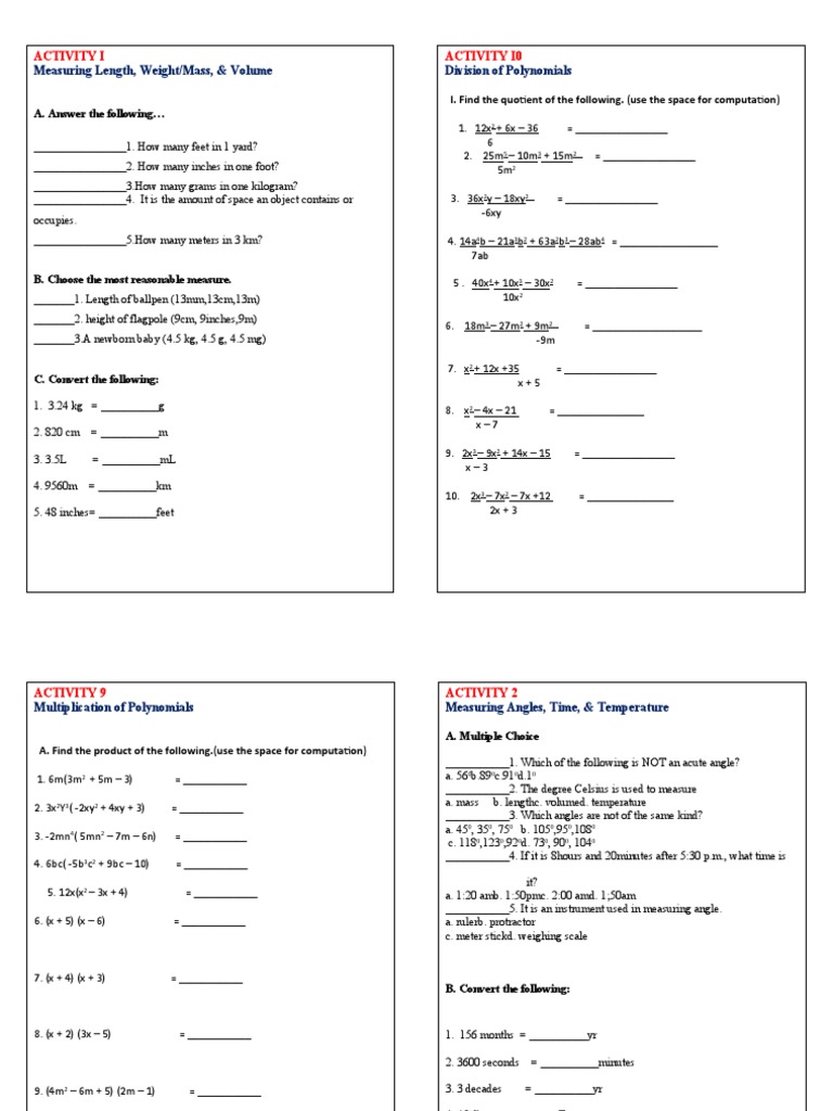 Activity Sheets - in-Grade-7-Math | PDF | Polynomial | Numbers