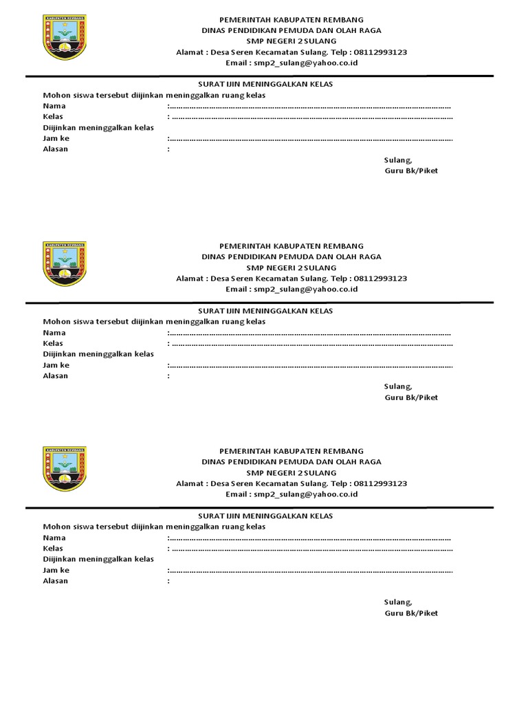 Surat Ijin Meninggalkan Kelas | PDF
