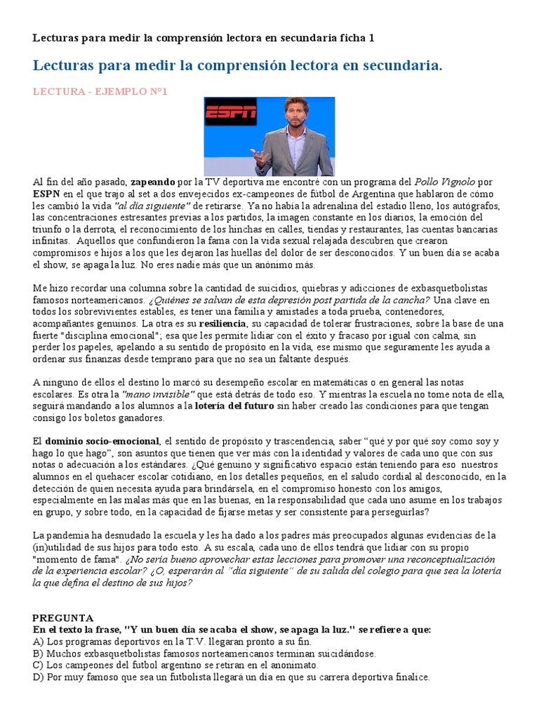 Lecturas para Medir La Comprensión Lectora en Secundaria Ficha 1 | PDF ...