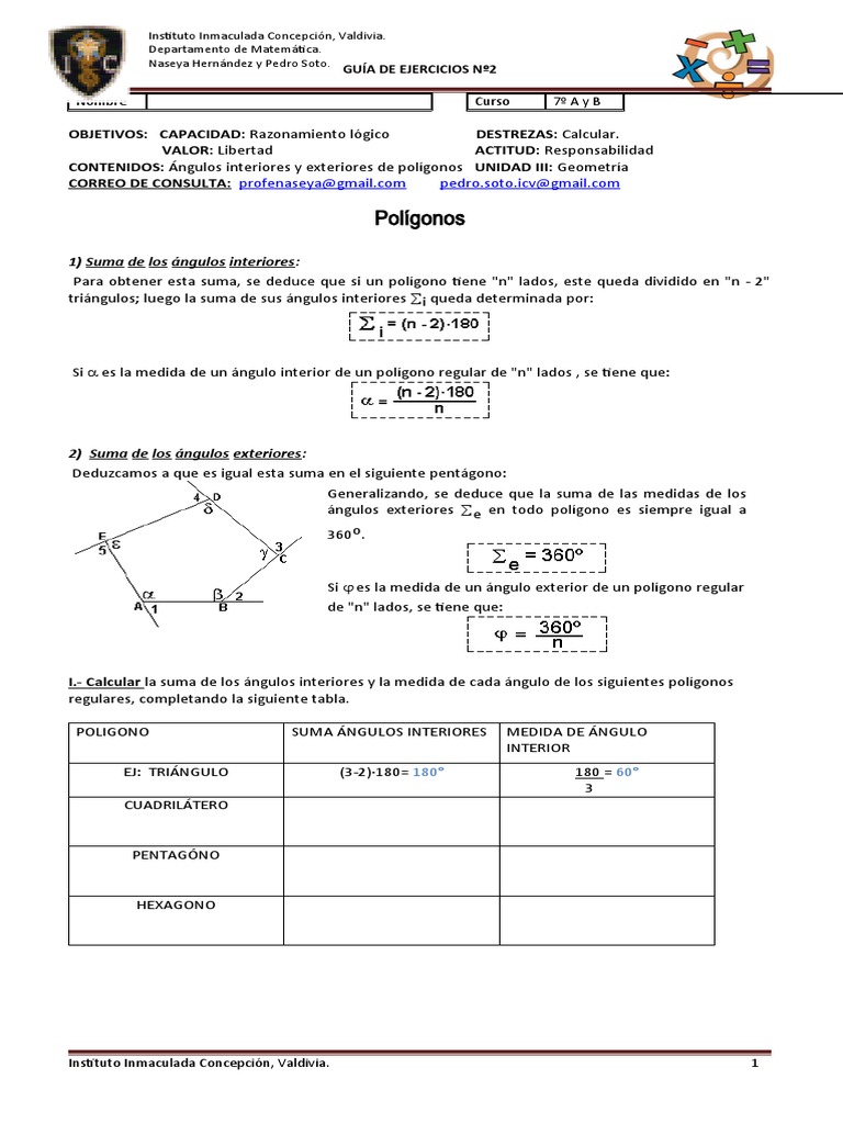 Guia 2 Ángulos en Polígonos 7 Basico | PDF | Triángulo | Geometría ...