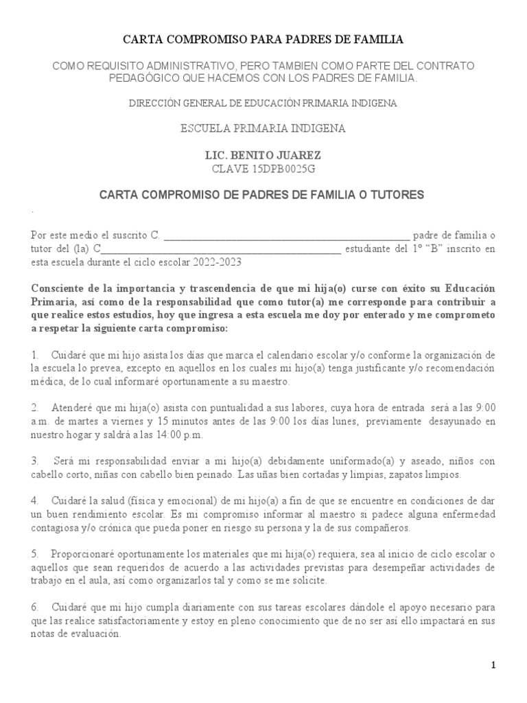 Carta Compromiso para Padres de Familia | PDF | Comportamiento | Salón ...