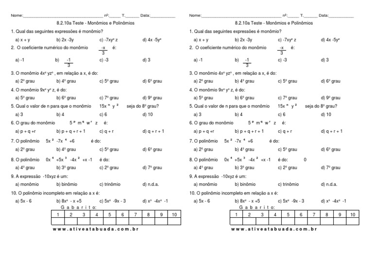 Teste sobre Monômios e Polinômios | PDF | Matemática aplicada | Algoritmos