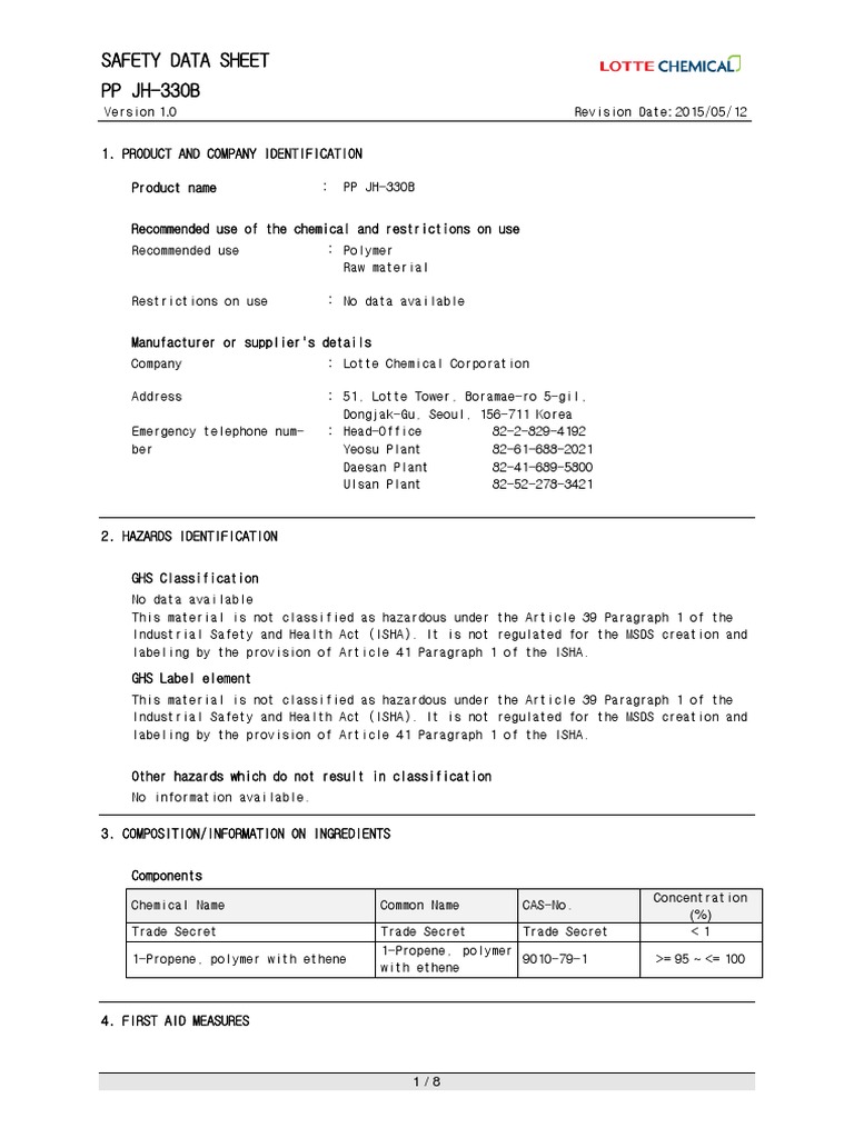 New MSDS Lotte Chemical PP - JH-330B-2 | PDF | Dangerous Goods | Waste ...
