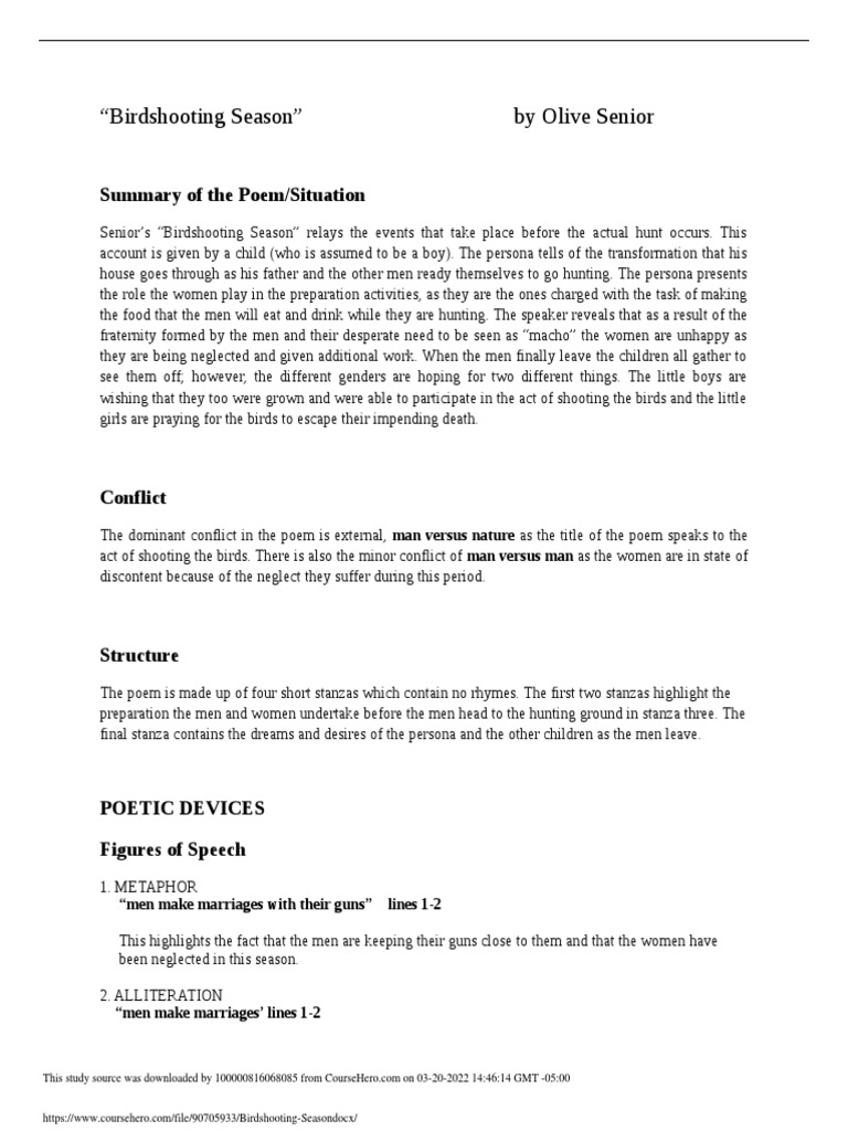 "Birdshooting Season" by Olive Senior | PDF | Poetry