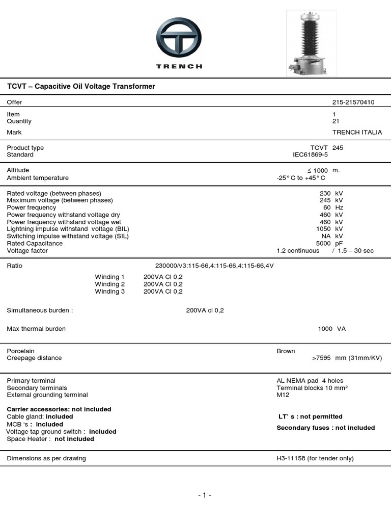 TCVT 245 Technical Specifications | PDF | Transformer | Components