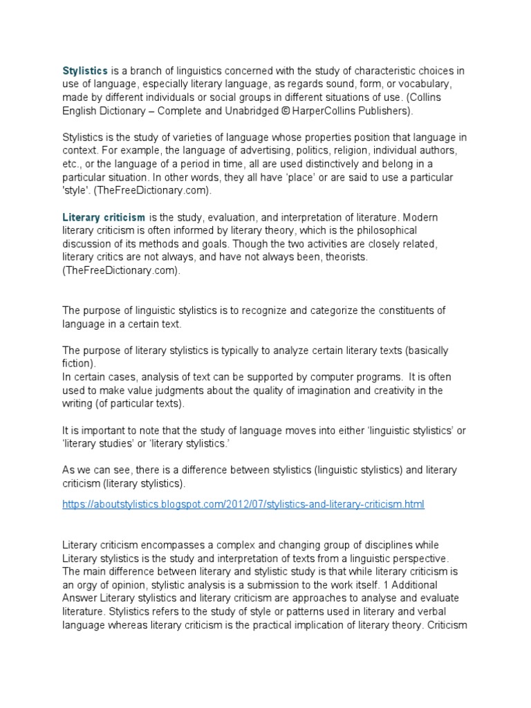 Difference Between Stylistics and Literary Criticism PDF Literary
