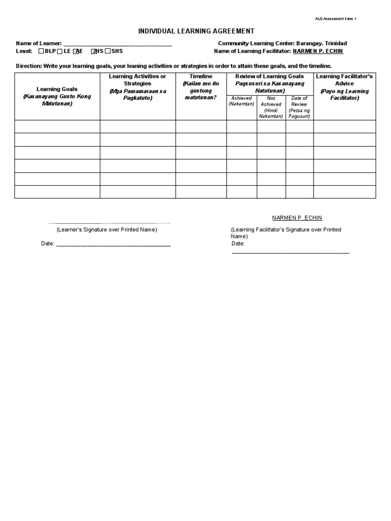 Individual Learning Agreement Form | PDF | Career & Growth