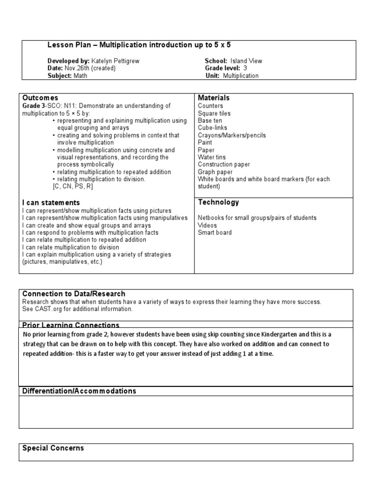 UDL Lesson Plan: Intro to Multiplication | PDF | Educational Assessment ...
