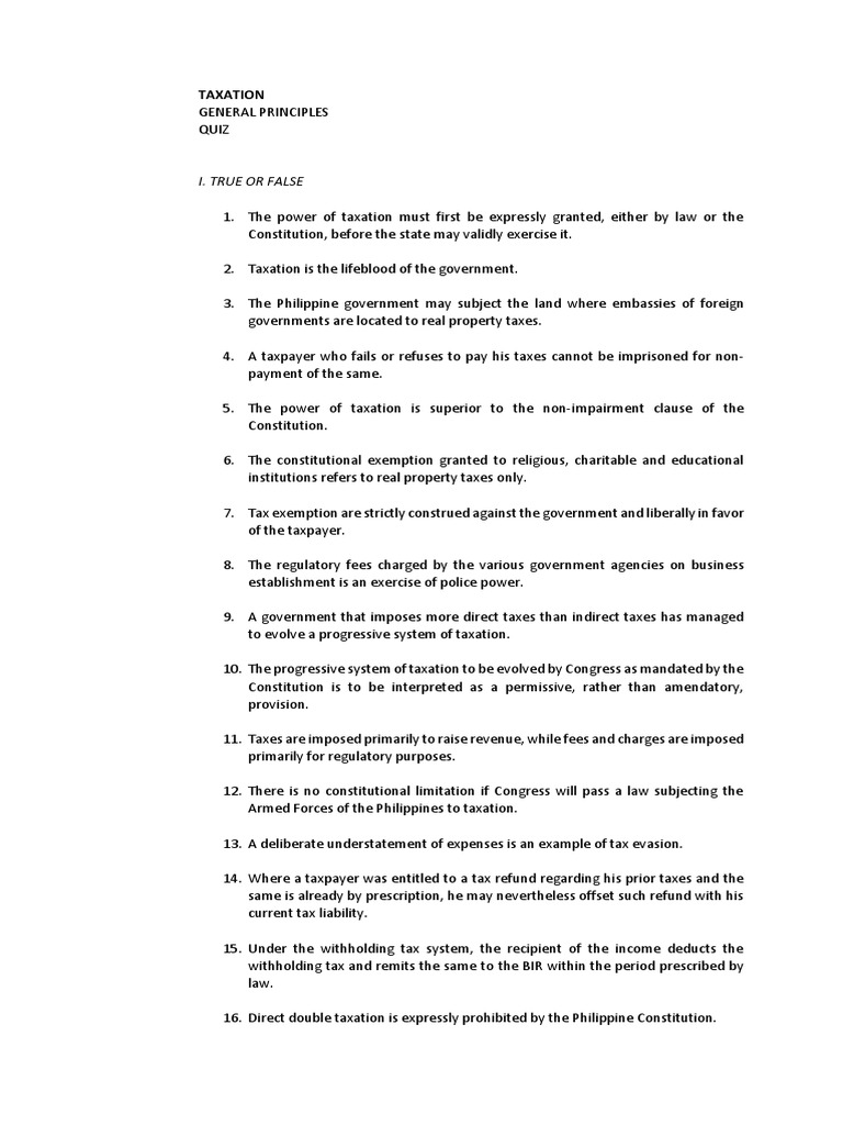 Taxation General Principles Quiz Pdf Taxes Taxation In The