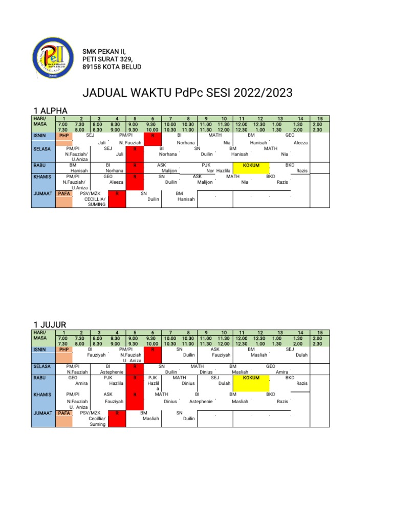 Jadual Waktu PDPC Sesi 2022 | PDF
