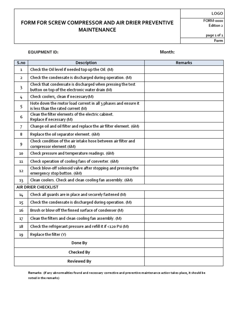 Screw Compressor Preventive Maintenance PDF Mechanical Engineering Chemical Equipment