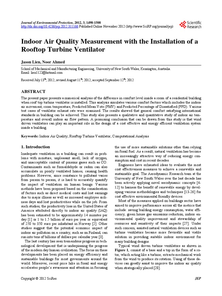 Indoor Air Quality Measurement With The Installation of A Rooftop Turbine Ventilator PDF