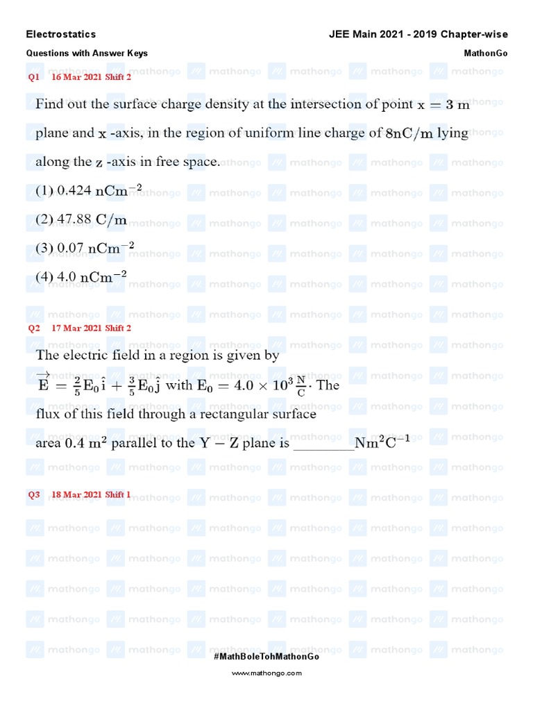 JEE Main 2021 Electrostatics Questions | PDF